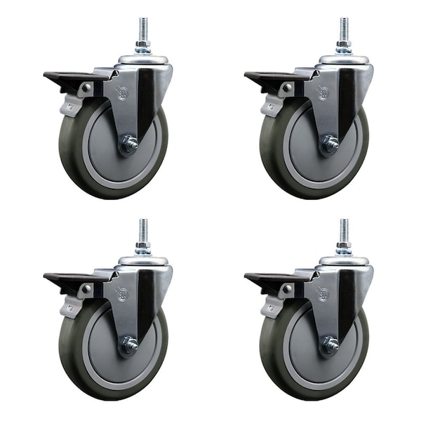 5 Inch Gray Polyurethane 12 MM Threaded Stem Caster Set with Brake